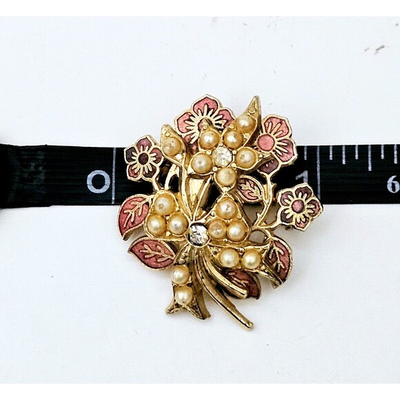 MCM Flower Cluster Brooch Gold Tone Pink Inlay Flowers Faux Pearls 1970 1.6" EUC - Picture 5 of 6